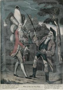 Caricature from 1774 depicting a gentleman with a very tall powdered wig topped with a tricorne hat